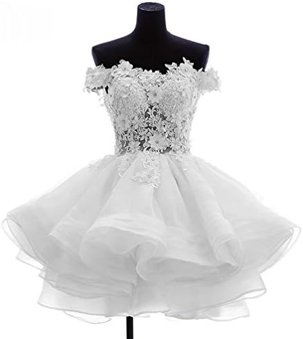 DKBridal Women's Off Shoulder Lace Appliques Homecoming Dresses Organza Short Prom Gown White 2