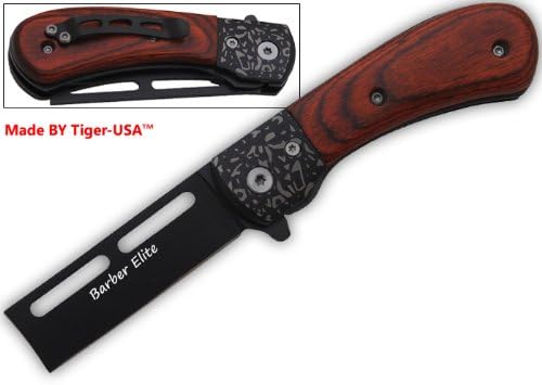Msr-5 Trigger Assisted Barber's Elite Straight Razor -Rosewood w/ Black Folding Knife Steel Sharp Edge Dagger Panthereses