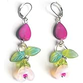 Sterling Silver Leverback Floral Earrings Cherry Blossom Flower Green Leaves Mother of Pearl Beads Spring Gift for Women