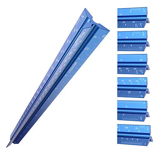 Architectural Scale Ruler, Metal Ruler of Solid Aluminum, Great Drafting Tools with Architect Scale, Laser-Etched Ruler 12 inch Triangle for Blueprint (Imperial)