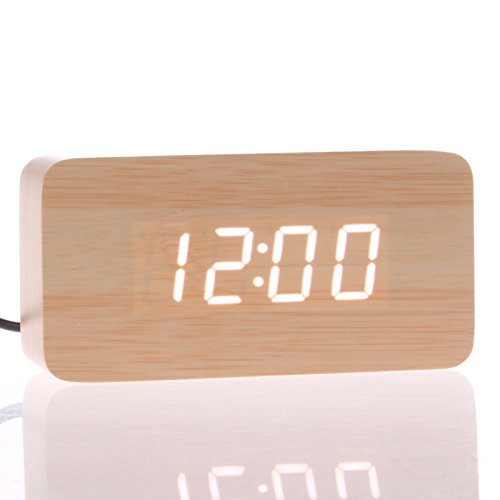 New Digital LED Wooden Desk Table Alarm Clock Thermometer Voice Control USB/AAA / Bamboo