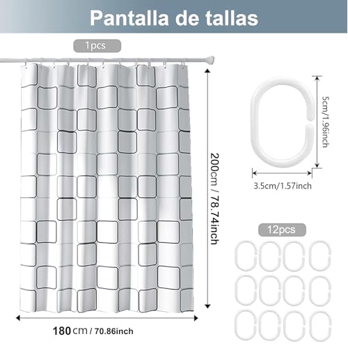 PANGP Cortina de Ducha para Baño, 180 * 200cm Cortinas de Regadera Impermeable de Patrón Cuadrado Grande con Ganchos, Cortina de PEVA Antimoho, Antibacteriano, para Duchas de Baño y Bañeras