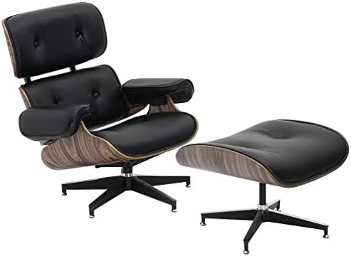 Recliner Chair with Foot Seat - Mid Century Classic Design Walnut Lounge Chair for Living Room, Veneer Molded Plywood Frame, Black