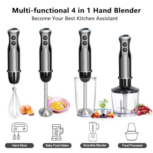 Roiffcly 1500W Hand Blender, 4 in 1 Stick Blender Set with 4 Stainless Steel Blades, Immersion Blender with 20 Speeds and Turbo Buton, Handheld Blender with Whisk, Measuring Mug, Chopper, BPA-Free