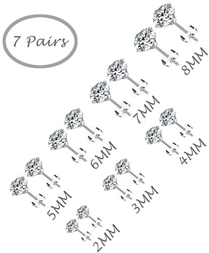 Tornito 7 Pairs 20G Stainless Steel Stud Earrings Round Cubic Zirconia Barbell Earring Set For Men Women 2MM-8MM