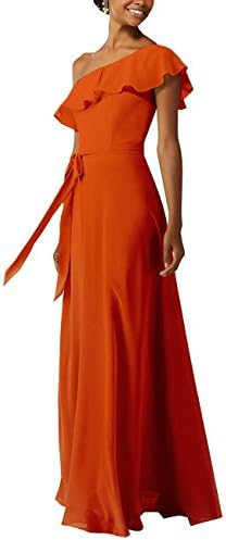FTSOP Bridesmaid Dress Sexy One Shoulder Ruffles Oblique Neckline Floor-Length Belt Wedding Guest Dress Orange,10