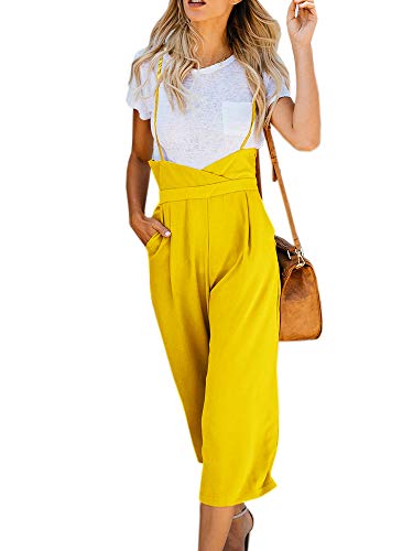 Imysty Womens Spaghetti Strap Jumpsuits Wide Leg Backless Overall Romper Pants with Pockets Yellow