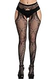 E-Laurels Womens High Waist Fishnet Tights Suspenders Pantyhose Thigh High Stockings Black