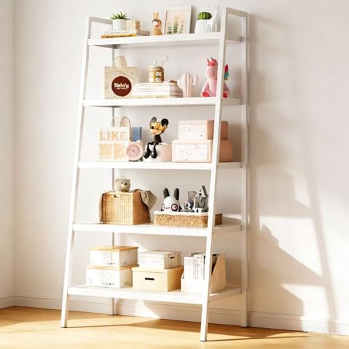 Beauenty Ladder Shelf, 5 Tier Bookshelves Bookcase, Corner Storage Racks, Freestanding Shelf Organizer for Living Room, Bedroom, Kitchen, Bathroom, Metal Frame (White)