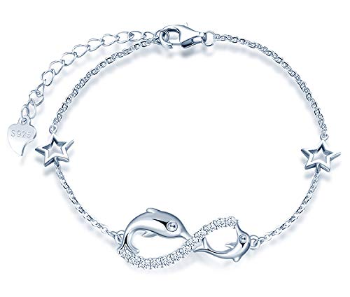 MicLee Woman's Girl's Bracelet, 925 Sterling Silver, Dolphin & Infinity Symbol, Mini Hollow Star, Zircon Inlaid, Adjustable Chain, Ocean Theme