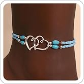 Elastic Beaded Ankle Bracelets for Women Double Heart Layered Stretch Ankle Bracelets Waterproof Dainty Boho Beaded Anklets for Summer Beach Foot Jewelry
