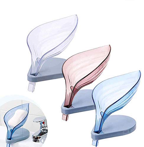 Diagtree Soap Dish Holder, 3pcs Leaf Decorative Drainage Storage Soap Box Novelty with self Draining Tray Creative Design Stand Drainers for Bathroom and Kitchen blue