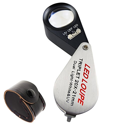 20x Magnification Jewelers Eye Loupe Triplet Lens Magnifier Foldable Magnifying with 6 LED UV Light 21mm for Gems, Jewelry, Coins, Stamps, etc