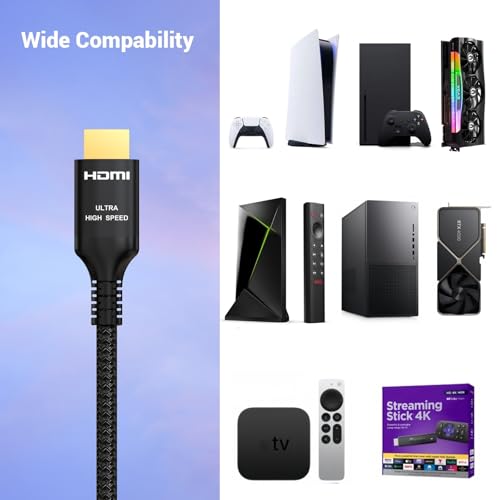 Etseinri HDMI 2.1 Cable 2M Certified 48Gbps Ultra High Speed HDMI® Cable 4K 240Hz 165Hz 120Hz 8K 60Hz 10K HDMI Lead Braided Cord HDCP 2.3 Dolby Atmos Vision eARC HDR for Gaming Monitors TV Soundbar