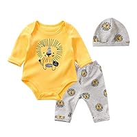 MiyaSudy Newborn 3pcs Sets Infant Baby Boy Girl Long Sleeve Cartoon Print Bodysuit Rompers Pants Hat Clothes Outfits Yellow