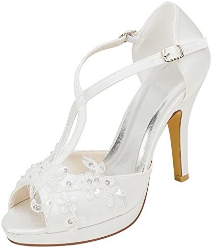 Emily BridalWedding Shoes Women's Silk Like Satin Stiletto Heel Peep Toe Platform with Stitching Lace Pearl
