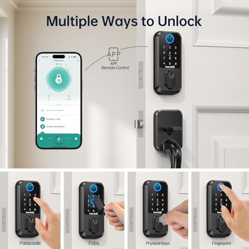 Front Door Lock and Handle Set, Hornbill WiFi Fingerprint Door Lock, Smart Keyless Entry Electronic Keypad Deadbolt for Front Door, Compatible with Alexa, Auto Lock, Matte Black