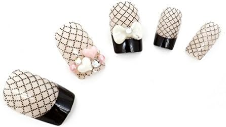 KeeNail Fake 3D Nails Short Black and White Tartan Ribbon Heart 12 Piece Set