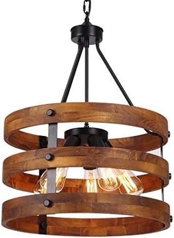 3 Light X 17 7 Wide Metal Round Wood Shade Geometric Chandelier Industrial Farmhouse Lantern Hanging Foyer Pendant Lamp Retro Edison Bulb Open Frame Drum Shade Lantern Lamp Amazon Com