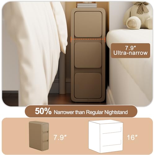 AQIMUELE Slim Bedside Table with 3 Drawers No Installation Leather Surface for Bedroom Living Room Width 20cm (Khaki)