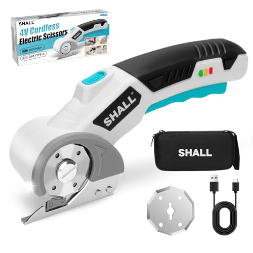 SHALL 4V Cordless Electric Scissors with Safety Lock, LED Light and Replacement Blade - Rechargeable Rotary Cutter for Fabric, Leather, Carpet, Cardboard and Plastic