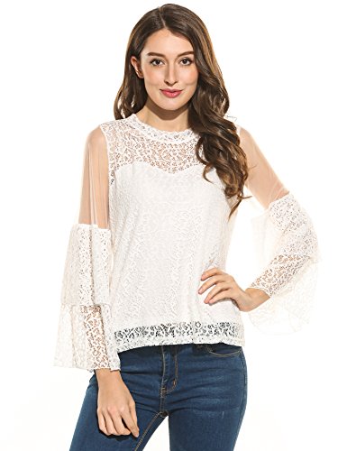 Meaneor women o-neck flare long sleeve floral lace net …