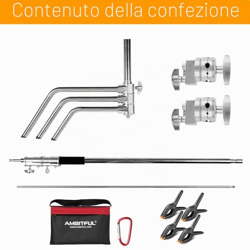 AMBITFUL Heavy Duty Stainless Steel C Mount with Arm Arm - Max Height 320cm/10.5ft Photography Light Stand with 128cm/4.2ft Holding Arm + 2 Grip Head (AMBITFUL C-STAND KIT)