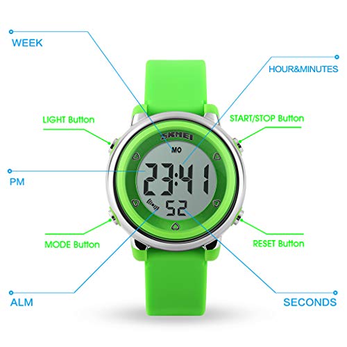 Skmei Kids Digital Watch, Waterproof Boys Girls Colorful LED Light Watches Childern Wristwatches with Stopwatch (Green) - Thumbnail 3