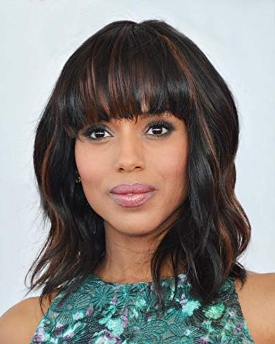 Lizzy Short Black Wig with Air Bangs for Women Black Mixed Brown Color Synthetic Natural Healthy Black Bob Curly Wavy Womens Wigs 14"