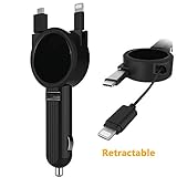 Car Charger, 3 in 1 Multifunctional USB Car Charger Adapter with Built-in 70cm Retractable Cable 5V/2.1A for Apple iPhone iPod iPad Samsung LG Android device and more (Black)