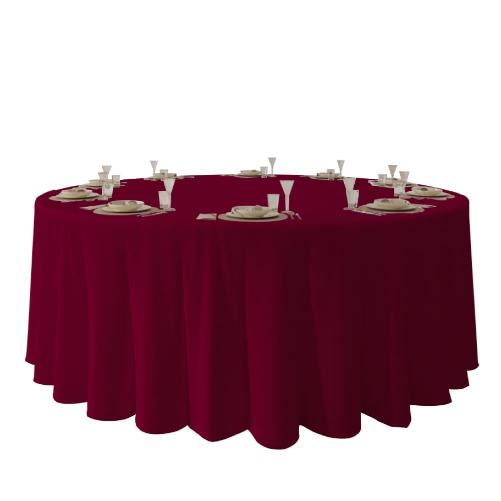 Urby 120'' Burgundy Round Tablecloth for 5-6ft Round Folding Table That Seats 6-8 Guests, Mantel Redondo Para Mesa De 6 Sillas, Ideal for Party, Wedding, Banquet and Events.