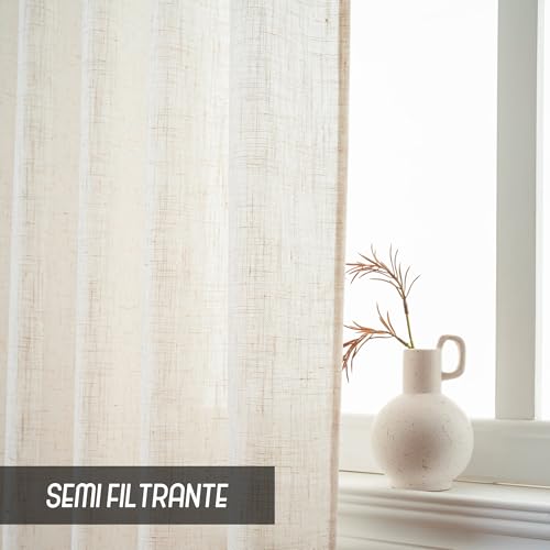 GIRASOLE HOME Pair of Crete Semi Filtering Curtains in Natural Faux Linen 2 Panels 55 x 220 cm with Pocket