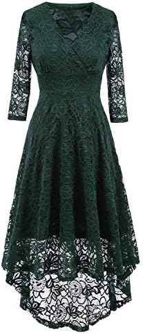 NALATI Women Vintage Beautiful 50's Retro Floral lace Fabric Swing Dress with 3/4 Long Sleeve Deep V Neck High Waist High-Low Hip Lace Party Cocktail Midi Dress