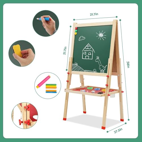 Hcosmy Wooden Art Easel for Kid, Double Sided Kids Easel with Whiteboard & Chalkboard, Height Adjustable Standing Toddler Easel with Number and Painting Accessories, Education Gift for Boys and Girls