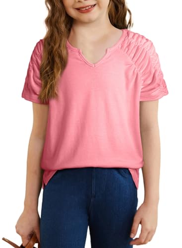 BLIBEAN JUNIOR GIRLS TEE SHIRT YOUNG KIDS SUMMER BLOUSE CUTE SHORT SLEEVE DRESSY TUNIC TOP AGE 12T-13T (SIZE 12-13 YEAR) BLUSH PINK