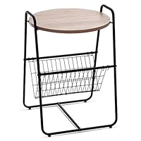 Garwarm Round Side Table End Table Nightstand with Metal Storage Basket, Modern Studio Collection, 17.8 × 17.8 × 25.6 in(LWH)