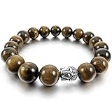 INBLUE Men,Women's 12mm Alloy Energy Bracelet Link Wrist Energy Stone Brown Silver Tone Buddha Mala Bead