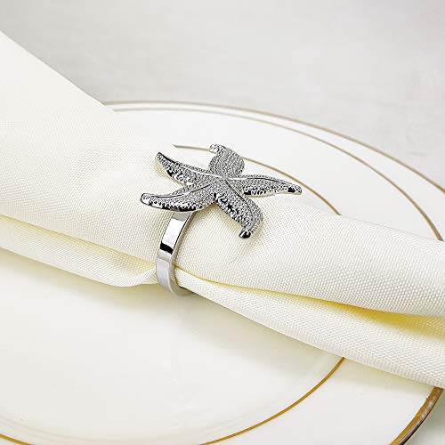 Elehere Napkin Rings Set of 6 Crown Rhinestone for Wedding Party Dinner Table Decor (Starfish Silver, 6)