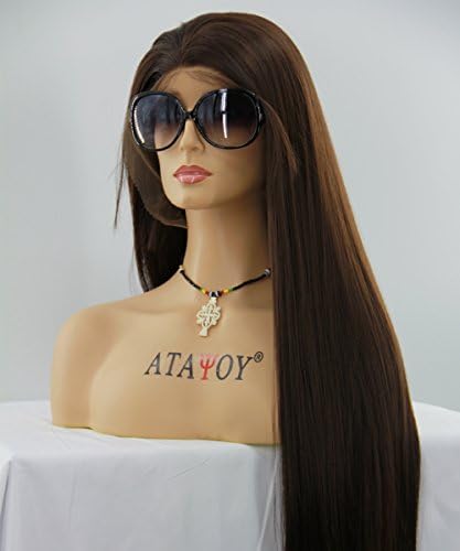 ATAYOU® Long Straight Style Changable Dark Brown Synthetic Lace Front Wigs for Women Include1 Free Cap