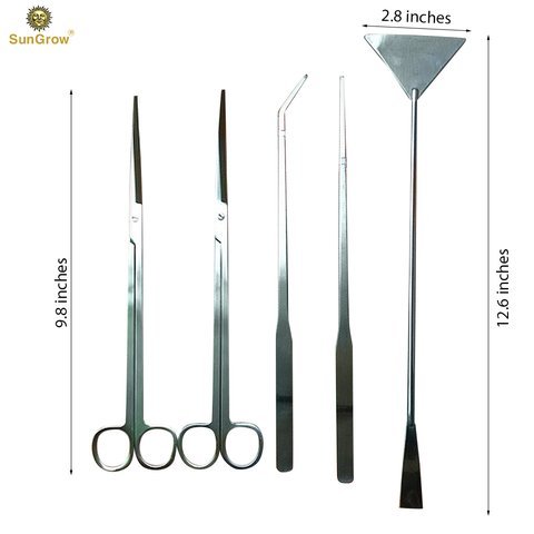 Aquarium Tool Kit (5pcs) by SunGrow -- Perfect Aquascaping Tools - Includes Straight & Curved Scissors, Substrate Spatula, Straight & Bent Tweezers - Stainless Steel - No Rust - Convenient Operation
