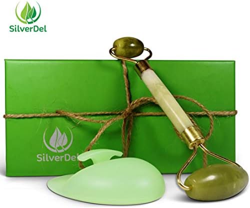 Premium Anti-Aging Jade Roller Massager With Green Silicone Cleansing Brush for Face and Neck Rejuvenation and Body Relaxation, 100% Real Natural Jade, Double Smooth Roller Balls in Green Gift Box