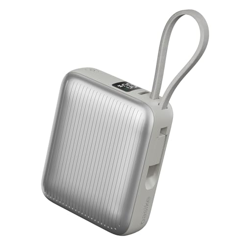 Basike Power Bank, Carregador Portátil 10000mAh 35W, 2-Saídas com Cabo Tipo-C Integrado, Bateria Externa de Carregamento Rápido PD/QC para iPhone Séries 17/16/15, Samsung S25/24/23/22 (Prata)