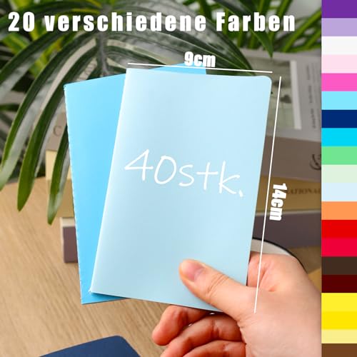 Koogel 40 Stück Kleine Blanko Notizbücher, A6 Notizbuch Journal Tagebuch Notizblöcke Schulhefte 14cm x 9cm Notizbücher mit Kraftpapier-Einband 20 Farben