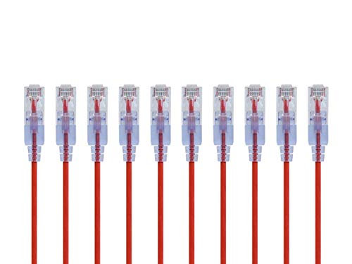 Monoprice Cat6A Patchkabel, UTP, 30 AWG, 10 G, reines blankes Kupfer, snagless, RJ45, SlimRun-Serie, Ethernet-Kabel, Rot, 10 Stück
