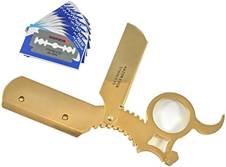Razorless Professional Barber Steel Handle Straight Edge Barber Razor Shaving Knife Gold with 10 Blades - Safety Razor For Men