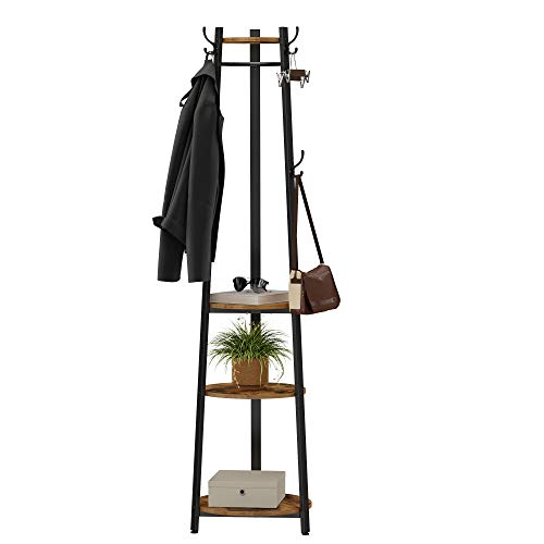 VASAGLE Coat Rack, Coat Stand with 6 Hooks, 3 Round Shelves, Steel