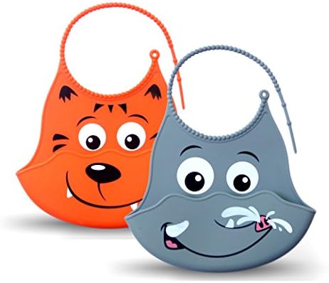Bibimals Baby Bibs (Safari Pack) Slide Latch 2 Pack of Bibs with Food Catcher Pocket Waterproof Washable Silicone Plastic Great Baby Shower Gift [Add These Bibs to Your Baby Registry Today]