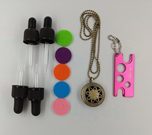 1 Aromatherapy Essential Oil Diffuser Necklace - 1 Bottle Opener Key Tool - 2 15ml Eye Droppers - 2 5ml Eye Droppers (FLOWER CLOSED, PINK)