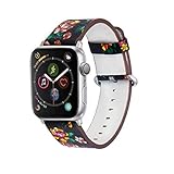 Amberwin Compatible for Apple Watch Band 38/40/42/44mm, Floral Pattern Printed Leather Replacement iWatch Wristband with Metal Buckle for iWatch Series5 4 3 2 1 Sport and Edition (Black+Red, 42/44mm)