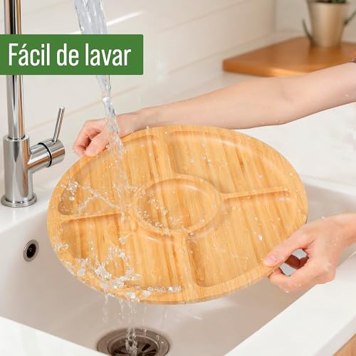 Petisqueira Redonda com Tampa e Travas 30 cm, Bandeja com 5 Divisórias de Acrílico, Porta Petiscos, Organizador para Frios, Snacks e Aperitivos, Cores Branco e Preto (Preto, Redondo)